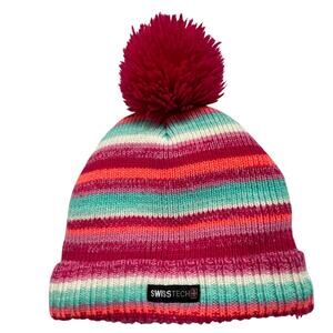 SWISSTECH KNIT THERMAL BEANIE, PINK POMPOM MULTICOLOR, RAIN , SNOW, COLD WEATHER